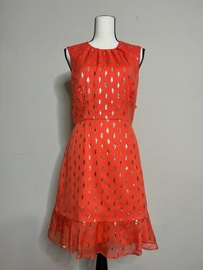 🍑🧶🥭🏵️Hutch Coral Mini Dress with Metallic Leaf Accents